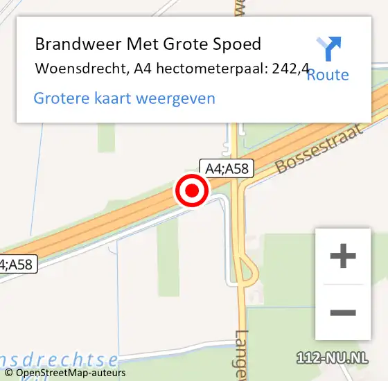 Locatie op kaart van de 112 melding: Brandweer Met Grote Spoed Naar Woensdrecht, A4 hectometerpaal: 242,4 op 18 december 2023 05:18