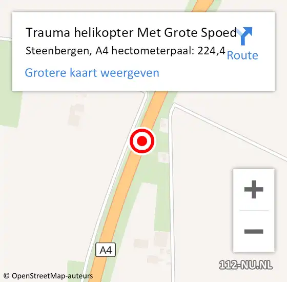 Locatie op kaart van de 112 melding: Trauma helikopter Met Grote Spoed Naar Steenbergen, A4 hectometerpaal: 224,4 op 18 december 2023 05:28