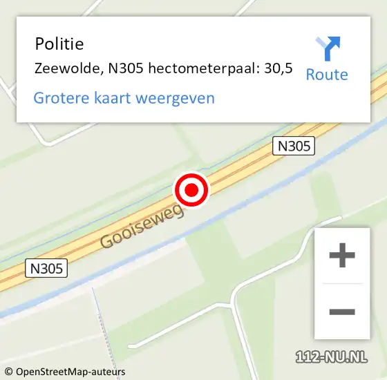 Locatie op kaart van de 112 melding: Politie Zeewolde, N305 hectometerpaal: 30,5 op 18 december 2023 16:18