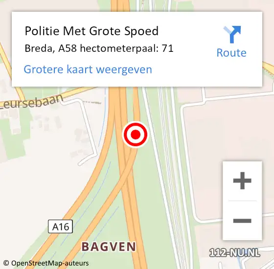 Locatie op kaart van de 112 melding: Politie Met Grote Spoed Naar Breda, A58 hectometerpaal: 71 op 18 december 2023 17:07