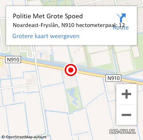 Locatie op kaart van de 112 melding: Politie Met Grote Spoed Naar Noardeast-Fryslân, N910 hectometerpaal: 12 op 18 december 2023 17:16