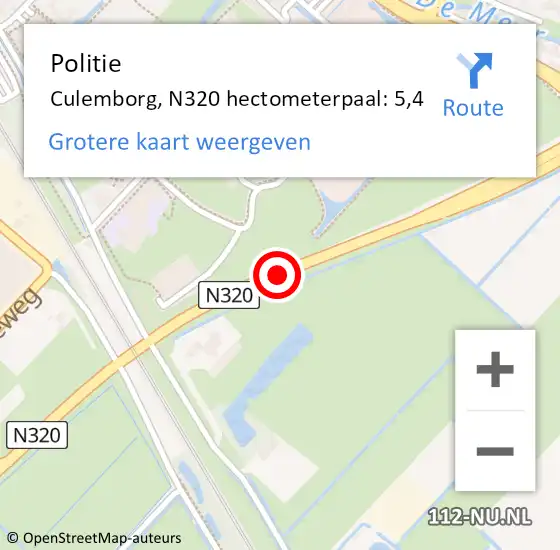 Locatie op kaart van de 112 melding: Politie Culemborg, N320 hectometerpaal: 5,4 op 18 december 2023 21:56