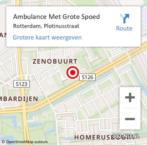 Locatie op kaart van de 112 melding: Ambulance Met Grote Spoed Naar Rotterdam, Plotinusstraat op 19 december 2023 06:47
