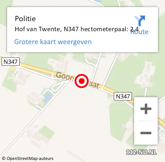 Locatie op kaart van de 112 melding: Politie Hof van Twente, N347 hectometerpaal: 2,4 op 19 december 2023 08:04