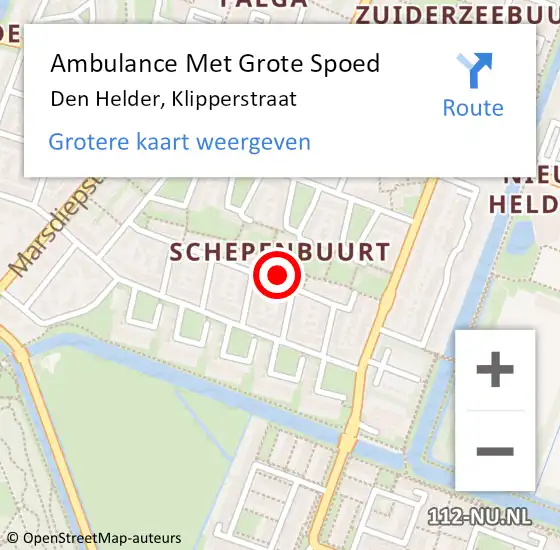 Locatie op kaart van de 112 melding: Ambulance Met Grote Spoed Naar Den Helder, Klipperstraat op 19 december 2023 08:55