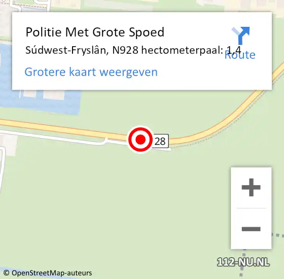 Locatie op kaart van de 112 melding: Politie Met Grote Spoed Naar Súdwest-Fryslân, N928 hectometerpaal: 1,4 op 19 december 2023 15:23