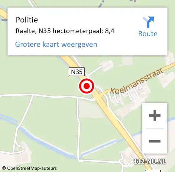 Locatie op kaart van de 112 melding: Politie Raalte, N35 hectometerpaal: 8,4 op 19 december 2023 16:52