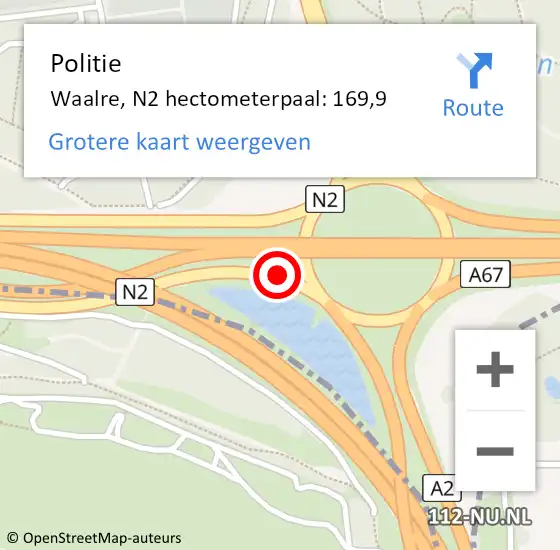 Locatie op kaart van de 112 melding: Politie Waalre, N2 hectometerpaal: 169,9 op 20 december 2023 14:01