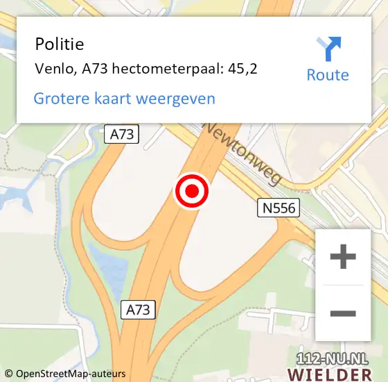 Locatie op kaart van de 112 melding: Politie Venlo, A73 hectometerpaal: 45,2 op 20 december 2023 17:32