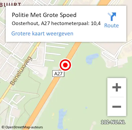 Locatie op kaart van de 112 melding: Politie Met Grote Spoed Naar Oosterhout, A27 hectometerpaal: 10,4 op 21 december 2023 09:04