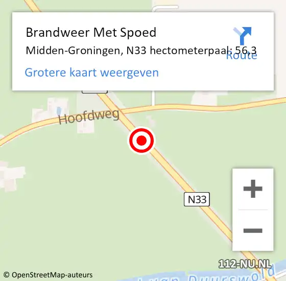 Locatie op kaart van de 112 melding: Brandweer Met Spoed Naar Midden-Groningen, N33 hectometerpaal: 56,3 op 21 december 2023 12:34