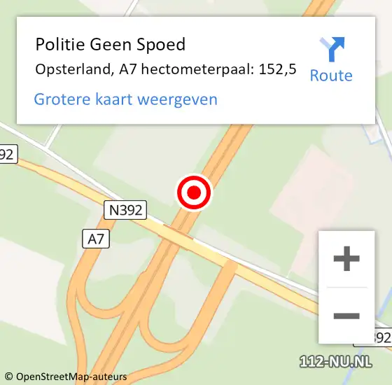Locatie op kaart van de 112 melding: Politie Geen Spoed Naar Opsterland, A7 hectometerpaal: 152,5 op 21 december 2023 12:53
