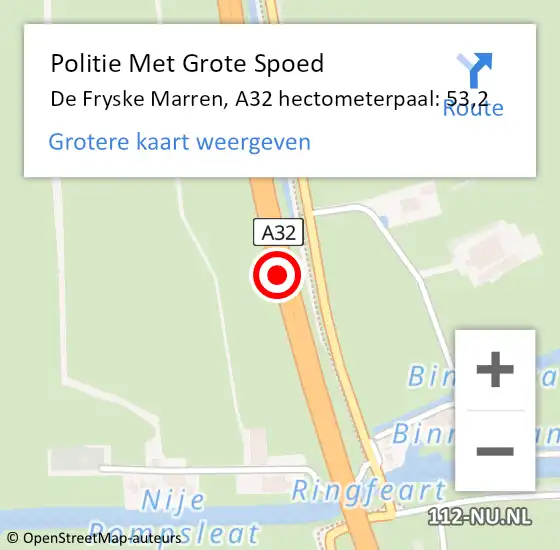 Locatie op kaart van de 112 melding: Politie Met Grote Spoed Naar De Fryske Marren, A32 hectometerpaal: 53,2 op 21 december 2023 14:12