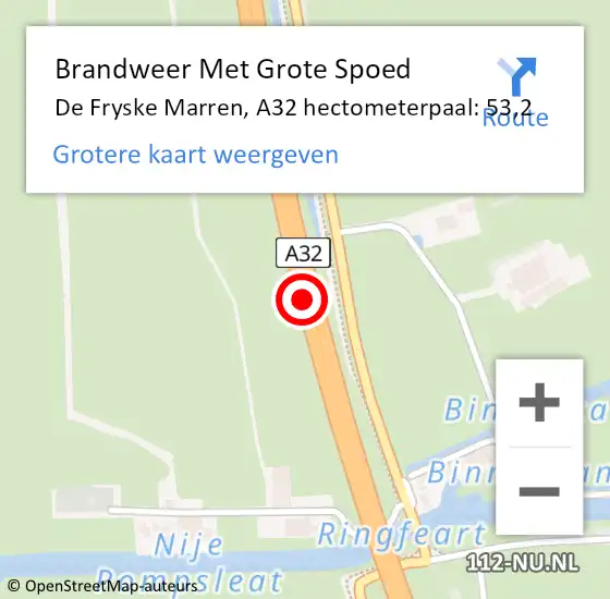 Locatie op kaart van de 112 melding: Brandweer Met Grote Spoed Naar De Fryske Marren, A32 hectometerpaal: 53,2 op 21 december 2023 14:12