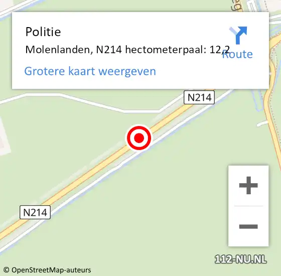Locatie op kaart van de 112 melding: Politie Molenlanden, N214 hectometerpaal: 12,2 op 21 december 2023 14:27