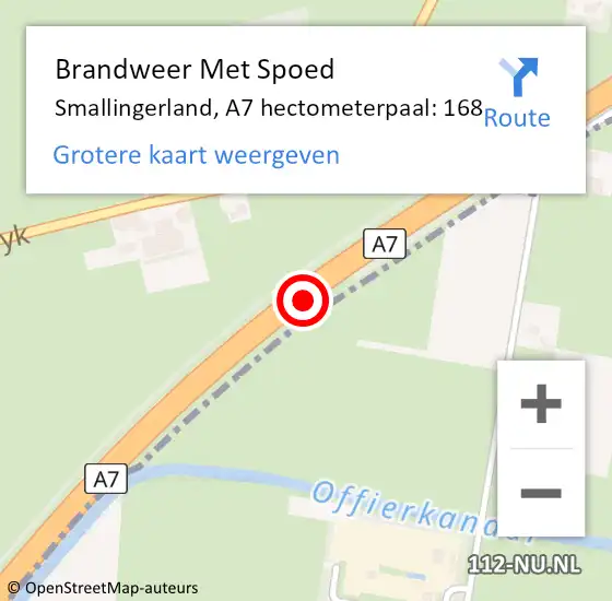 Locatie op kaart van de 112 melding: Brandweer Met Spoed Naar Smallingerland, A7 hectometerpaal: 168 op 21 december 2023 16:14