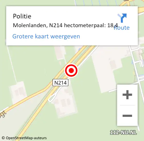 Locatie op kaart van de 112 melding: Politie Molenlanden, N214 hectometerpaal: 18,4 op 21 december 2023 18:06