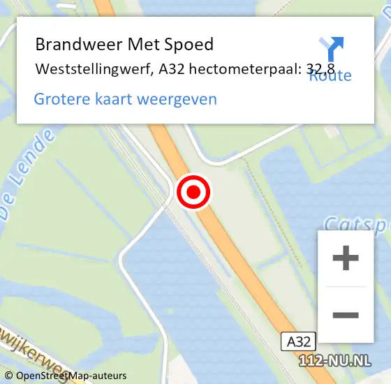 Locatie op kaart van de 112 melding: Brandweer Met Spoed Naar Weststellingwerf, A32 hectometerpaal: 32,8 op 21 december 2023 18:44