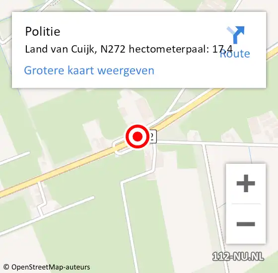Locatie op kaart van de 112 melding: Politie Land van Cuijk, N272 hectometerpaal: 17,4 op 21 december 2023 19:22