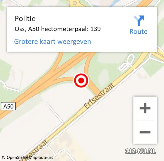 Locatie op kaart van de 112 melding: Politie Oss, A50 hectometerpaal: 139 op 21 december 2023 21:06