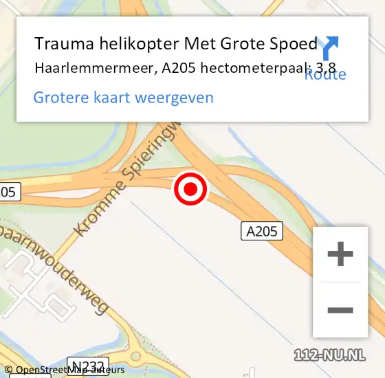 Locatie op kaart van de 112 melding: Trauma helikopter Met Grote Spoed Naar Haarlemmermeer, A205 hectometerpaal: 3,8 op 22 december 2023 09:10