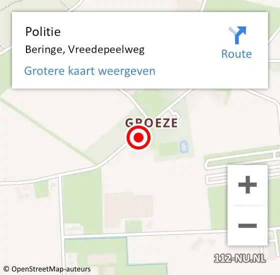Locatie op kaart van de 112 melding: Politie Beringe, Vreedepeelweg op 22 december 2023 13:54