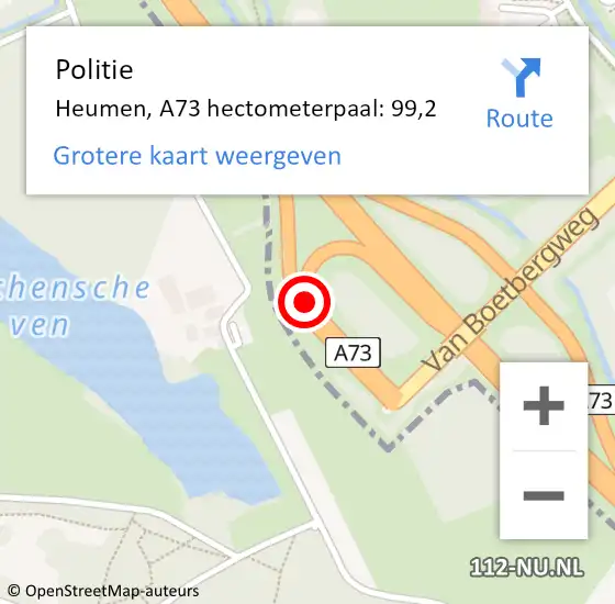 Locatie op kaart van de 112 melding: Politie Heumen, A73 hectometerpaal: 99,2 op 22 december 2023 15:28