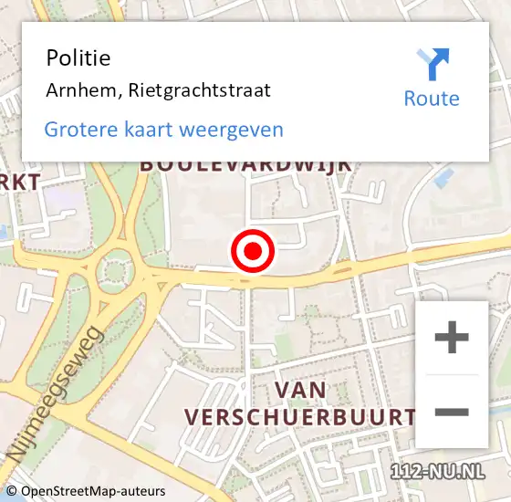 Locatie op kaart van de 112 melding: Politie Arnhem, Rietgrachtstraat op 22 december 2023 16:33