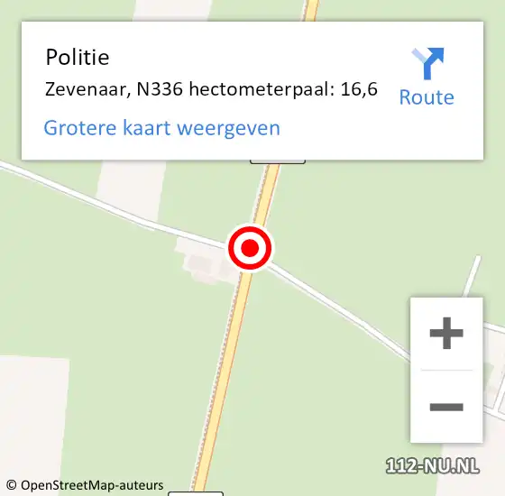 Locatie op kaart van de 112 melding: Politie Zevenaar, N336 hectometerpaal: 16,6 op 22 december 2023 19:37