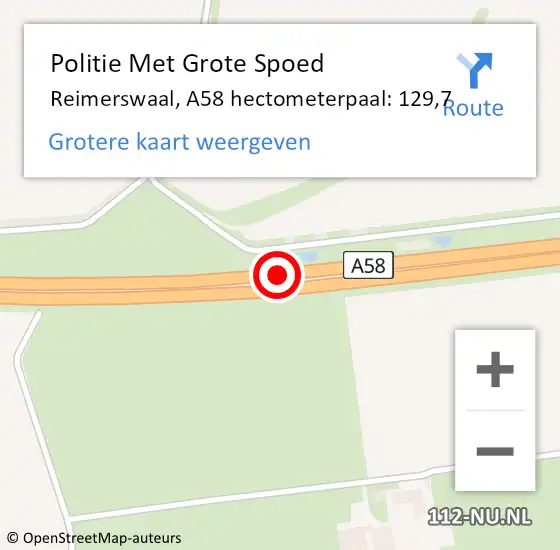 Locatie op kaart van de 112 melding: Politie Met Grote Spoed Naar Reimerswaal, A58 hectometerpaal: 129,7 op 22 december 2023 22:51