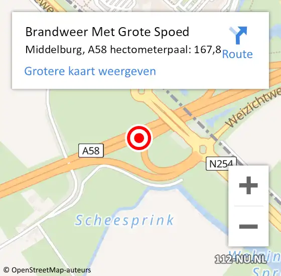Locatie op kaart van de 112 melding: Brandweer Met Grote Spoed Naar Middelburg, A58 hectometerpaal: 167,8 op 23 december 2023 03:51