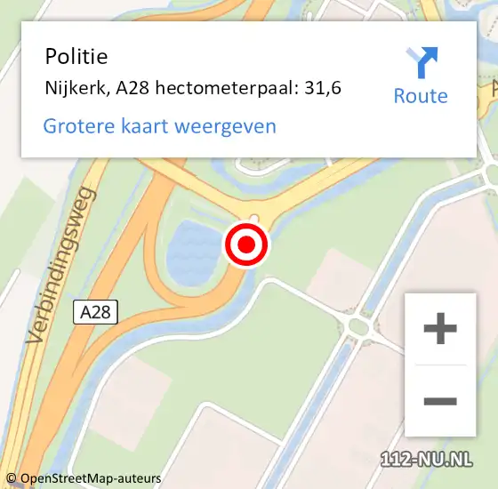 Locatie op kaart van de 112 melding: Politie Nijkerk, A28 hectometerpaal: 31,6 op 23 december 2023 08:04