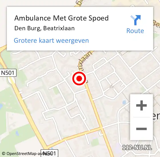 Locatie op kaart van de 112 melding: Ambulance Met Grote Spoed Naar Den Burg, Beatrixlaan op 23 december 2023 17:14