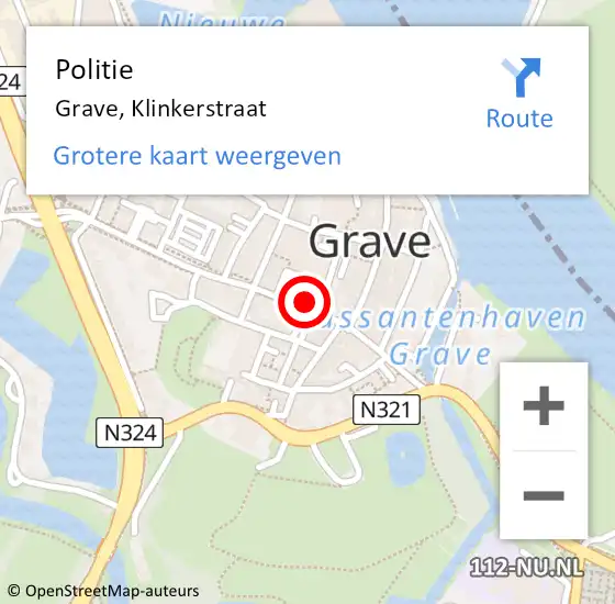 Locatie op kaart van de 112 melding: Politie Grave, Klinkerstraat op 23 december 2023 20:16