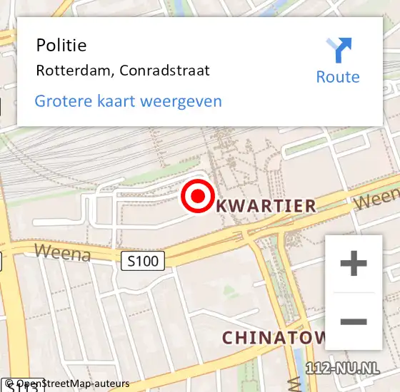 Locatie op kaart van de 112 melding: Politie Rotterdam, Conradstraat op 23 december 2023 22:15