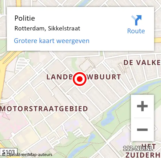 Locatie op kaart van de 112 melding: Politie Rotterdam, Sikkelstraat op 24 december 2023 11:46