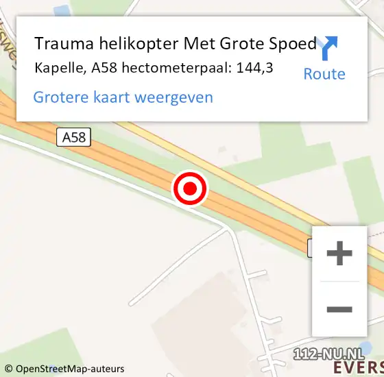Locatie op kaart van de 112 melding: Trauma helikopter Met Grote Spoed Naar Kapelle, A58 hectometerpaal: 144,3 op 24 december 2023 12:25