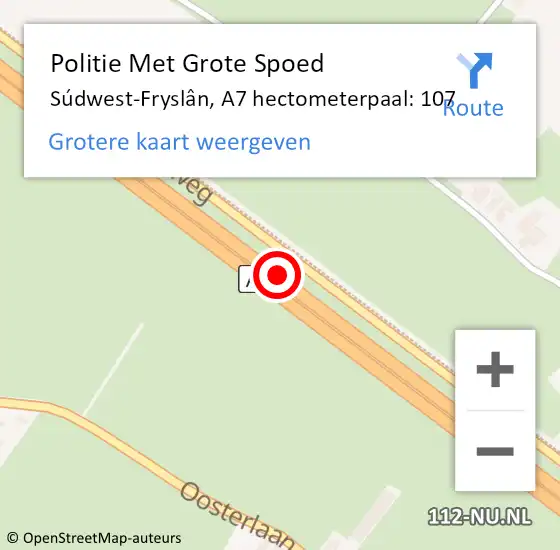Locatie op kaart van de 112 melding: Politie Met Grote Spoed Naar Súdwest-Fryslân, A7 hectometerpaal: 107 op 24 december 2023 16:47