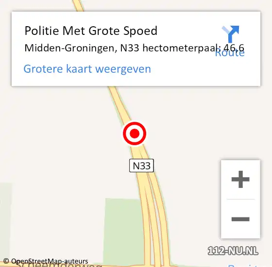 Locatie op kaart van de 112 melding: Politie Met Grote Spoed Naar Midden-Groningen, N33 hectometerpaal: 46,6 op 25 december 2023 00:52