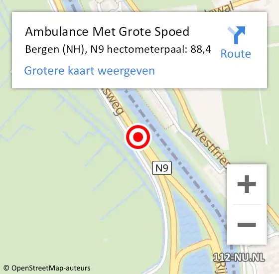 Locatie op kaart van de 112 melding: Ambulance Met Grote Spoed Naar Bergen (NH), N9 hectometerpaal: 88,4 op 25 december 2023 04:30