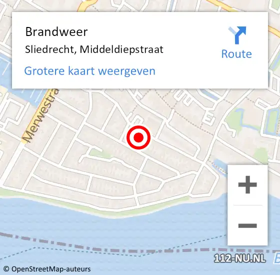 Locatie op kaart van de 112 melding: Brandweer Sliedrecht, Middeldiepstraat op 25 december 2023 11:09