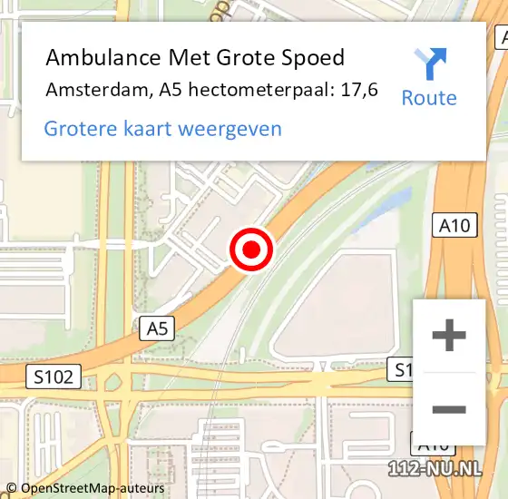 Locatie op kaart van de 112 melding: Ambulance Met Grote Spoed Naar Amsterdam, A5 hectometerpaal: 17,6 op 25 december 2023 23:20