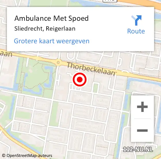 Locatie op kaart van de 112 melding: Ambulance Met Spoed Naar Sliedrecht, Reigerlaan op 26 december 2023 10:32