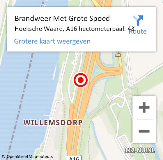 Locatie op kaart van de 112 melding: Brandweer Met Grote Spoed Naar Hoeksche Waard, A16 hectometerpaal: 43 op 26 december 2023 13:27