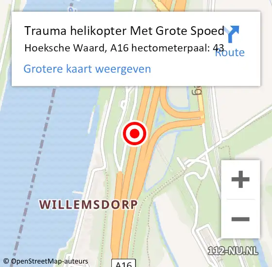 Locatie op kaart van de 112 melding: Trauma helikopter Met Grote Spoed Naar Hoeksche Waard, A16 hectometerpaal: 43 op 26 december 2023 13:27