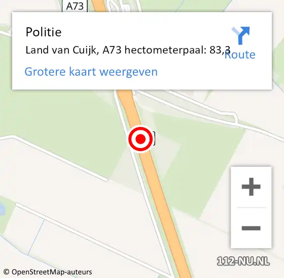 Locatie op kaart van de 112 melding: Politie Land van Cuijk, A73 hectometerpaal: 83,3 op 27 december 2023 11:47