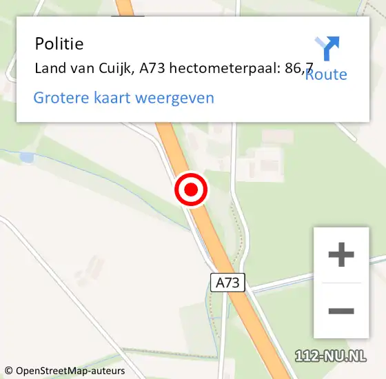 Locatie op kaart van de 112 melding: Politie Land van Cuijk, A73 hectometerpaal: 86,7 op 27 december 2023 11:48