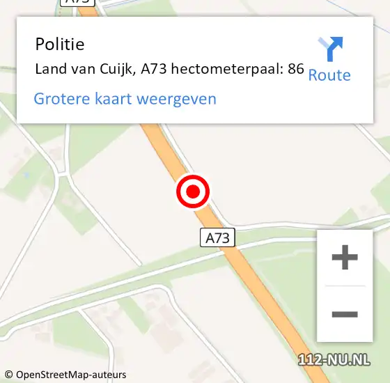Locatie op kaart van de 112 melding: Politie Land van Cuijk, A73 hectometerpaal: 86 op 27 december 2023 11:48