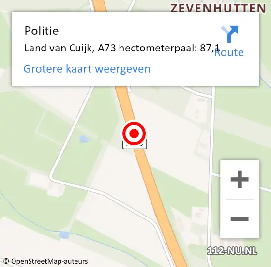 Locatie op kaart van de 112 melding: Politie Land van Cuijk, A73 hectometerpaal: 87,1 op 27 december 2023 11:48