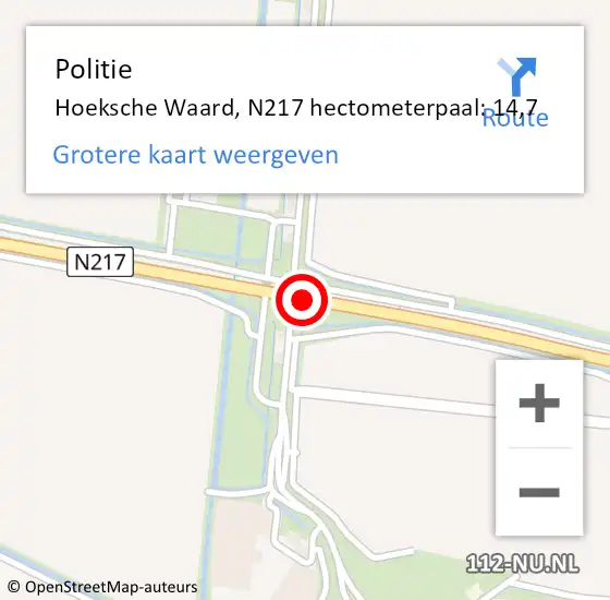 Locatie op kaart van de 112 melding: Politie Hoeksche Waard, N217 hectometerpaal: 14,7 op 27 december 2023 14:47